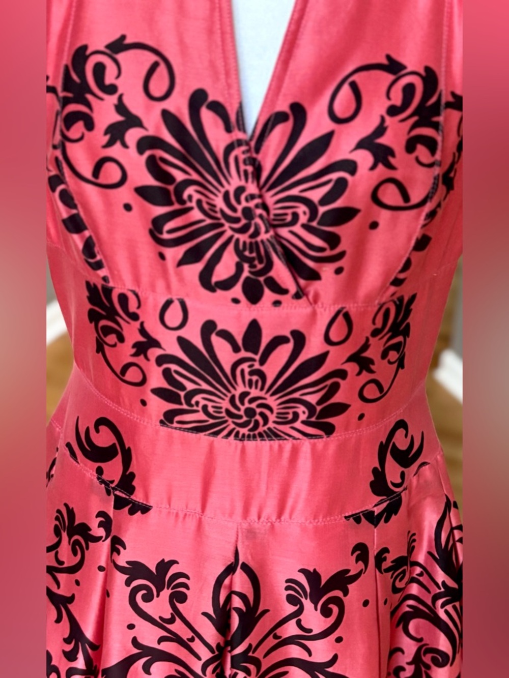 Coral Satin Fit Flare Dress Black Baroque Print Retro Collared Party - Picture 3 of 12